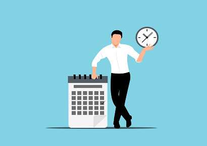Image vectorielle d'une personne à côté d'un calendrier et tenant une horloge dans la main
